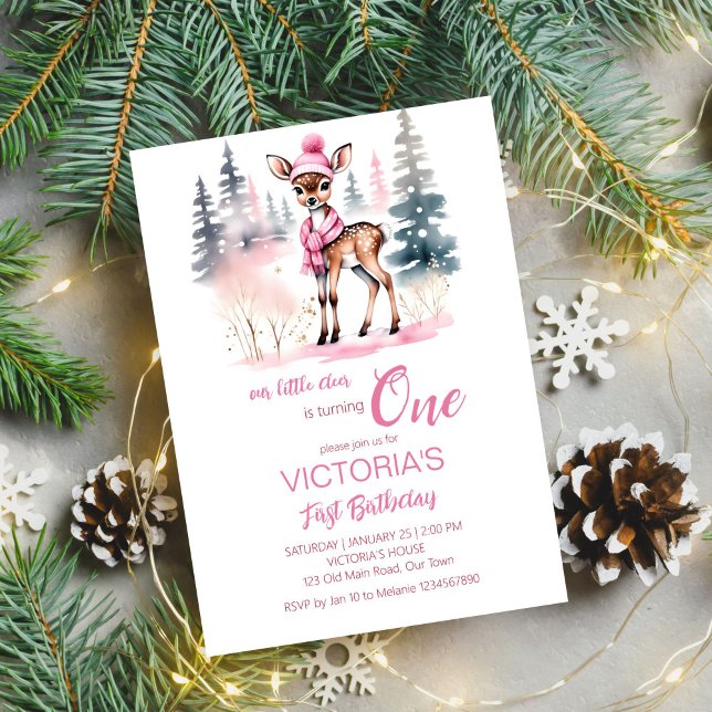 Convites Modelo de aniversário para garotas de inverno (Cute deer Winter girls birthday party editable template invitation digital download watercolor)