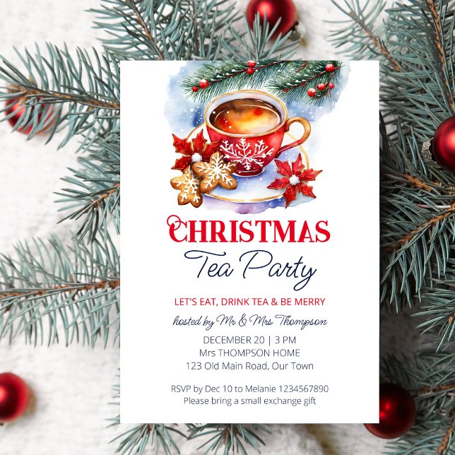 Convites Modelo de aquarela da festa de chá de Natal (Christmas tea party editable template invitation digital download watercolor tea cup pines cookies)