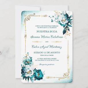 Convites Modelo de Casamento Azul Claro e Dourado