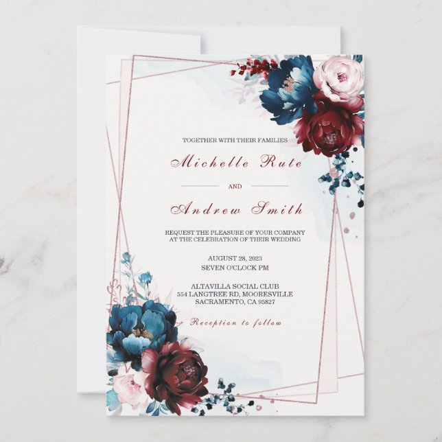 Convites Modelo de Casamento Azul Marinho Burgundy e Dourad (Frente)