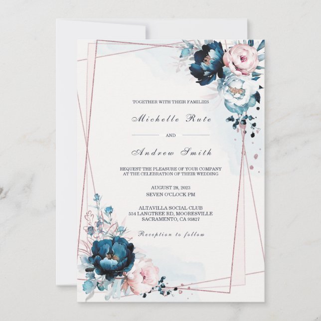 Convites Modelo de Casamento Azul Marinho e Dourado Rosa (Frente)