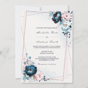 Convites Modelo de Casamento Azul Marinho e Dourado Rosa
