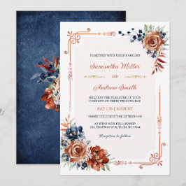 Convites Modelo de Casamento Azul Naval e Laranja Queimado