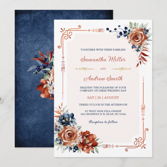 Convites Modelo de Casamento Azul Naval e Laranja Queimado  (Frente/Verso)