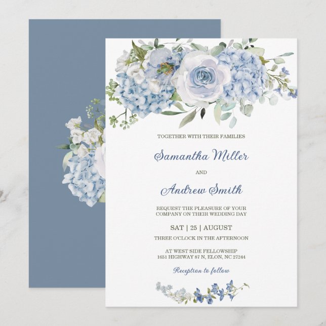 Convites Modelo de Casamento Azul Poeirento Elegante (Frente/Verso)