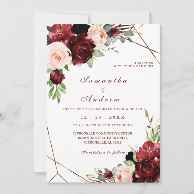 Convites Modelo de Casamento Burgundy e Blush (Frente)