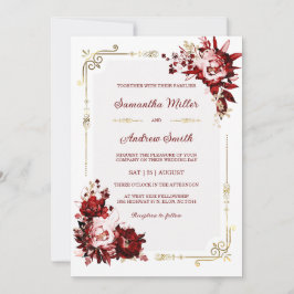 Convites Modelo de Casamento Burgundy e Dourado Editável