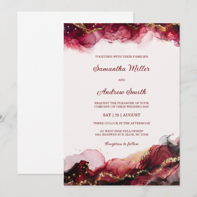 Convites Modelo de Casamento Burgundy e Dourado Editável (Frente/Verso)