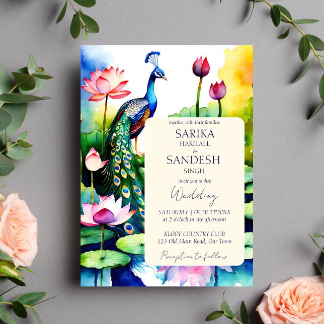 Convites Modelo de casamento das flores de peacock lotus (Peacock lotus flowers wedding editable template invitation instant digital download watercolor pond)