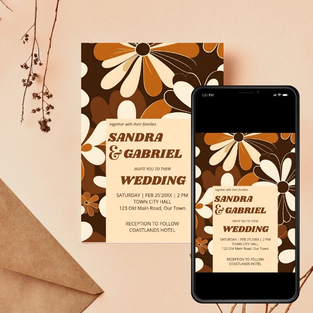 Convites Modelo de casamento das flores de terracotta dos a (Retro 70ies terracotta brown daisy flowers editable template wedding invitation digital download )