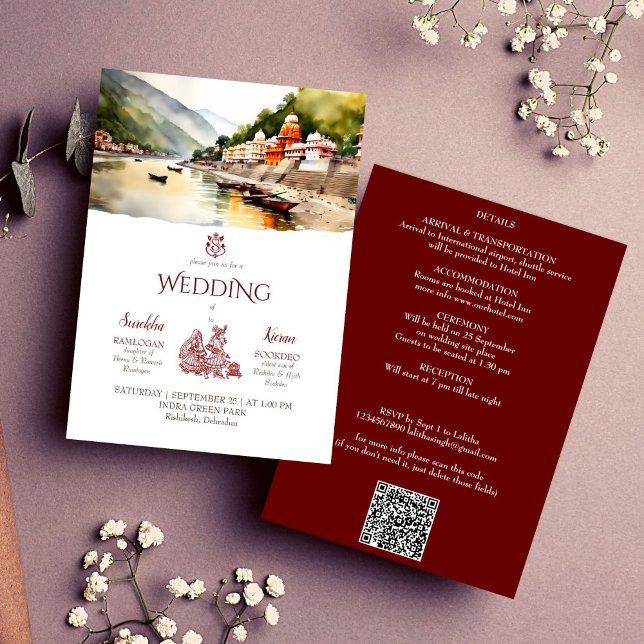 Convites Modelo de casamento de destino indiano de Rishikes (Rishikesh Indian destination wedding editable template invitation digital download modern watercolor)
