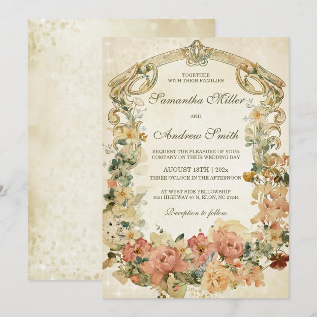 Convites Modelo de Casamento de Flores Silvestres Antigas (Frente/Verso)