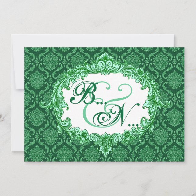 Convites Modelo de Casamento de Kelly Green Damask Monogram (Frente)
