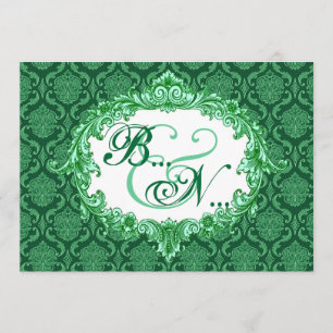 Convites Modelo de Casamento de Kelly Green Damask Monogram