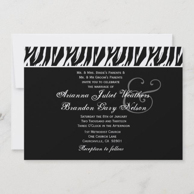 Convites Modelo de Casamento Horizontal de Zebra Branca Neg (Frente)