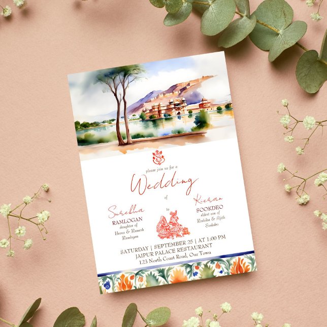 Convites Modelo de casamento índio do palácio de Jaipur (Jaipur palace watercolor Indian wedding editable template invitations instant digital download)
