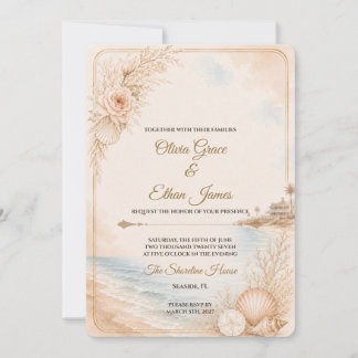 Convites Modelo de Casamento na Praia com Aquarela Editável