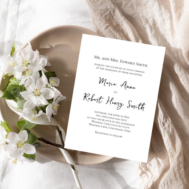 Convites Modelo de Casamento Simples Preto e Branco (Simple black and white calligraphy script wedding invitation.)