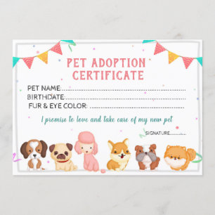 Convites modelo de certificado de adoção de animais de esti