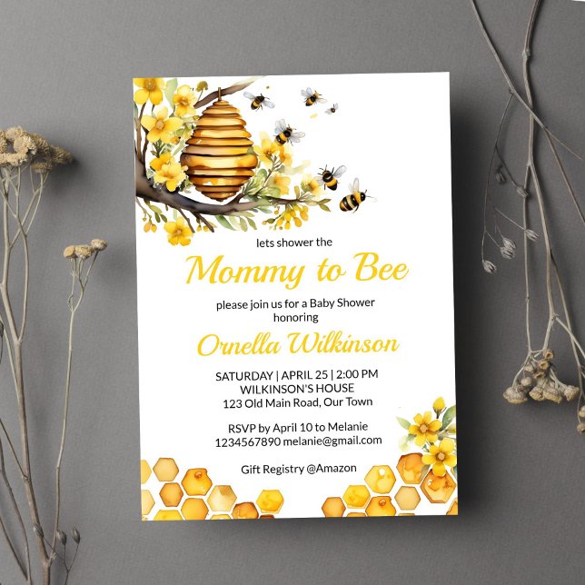 Convites modelo de chá de fraldas de abelha primavera de ab (Mommy to bee spring bee baby shower template invitation digital download beehive yellow flowers)
