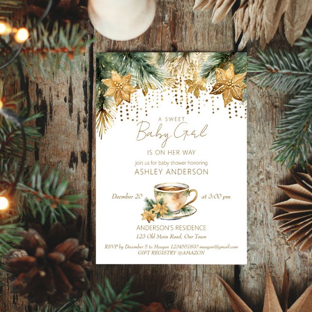 Convites Modelo de chá de fraldas de chá de inverno de Boho (Boho winter baby shower tea party editable template invitation digital download watercolor pines)
