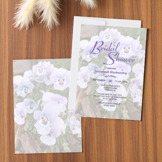 Convites Modelo de Chá de Noiva com Foto de Pensées Roxas P (front and back bridal shower template invitation)