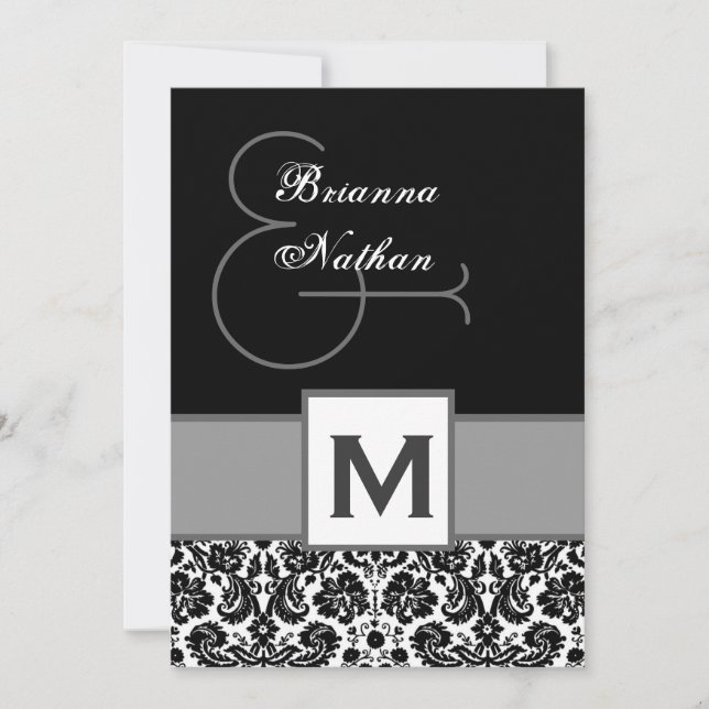 Convites Modelo de Cinza Damask de Monograma de  Preta e Si (Frente)