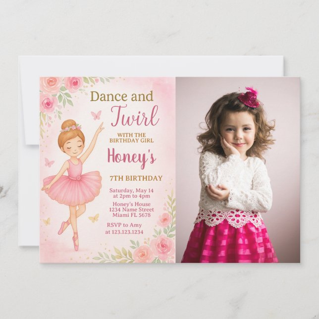 Convites Modelo de Dança Editável para Meninas com foto (Frente)