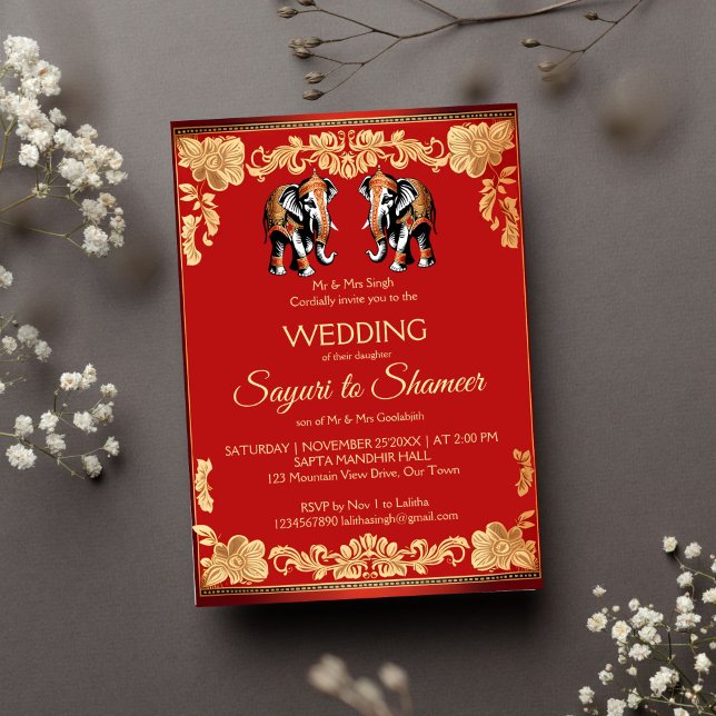 Convites Modelo de elefantes do casamento de índios, vermel (Red and gold Indian wedding ornate elephants editable template invitation instant digital download)