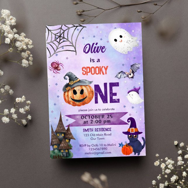 Convites Modelo de festa de aniversário de de Halloween (Spooky one Halloween girls birthday party template invitation cute ghost pumpkin black cat bat)