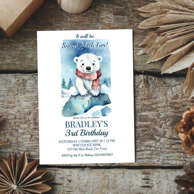 Convites Modelo de festa de aniversário de inverno com urso (Polar bear winter birthday party editable template invitation digital download cute cube on ice rock)