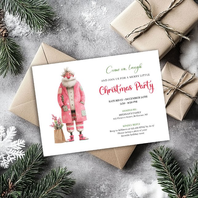 Convites Modelo de festa de Natal engraçado do Papai Noel r (Modern Pink Santa Funny Christmas Party Template)