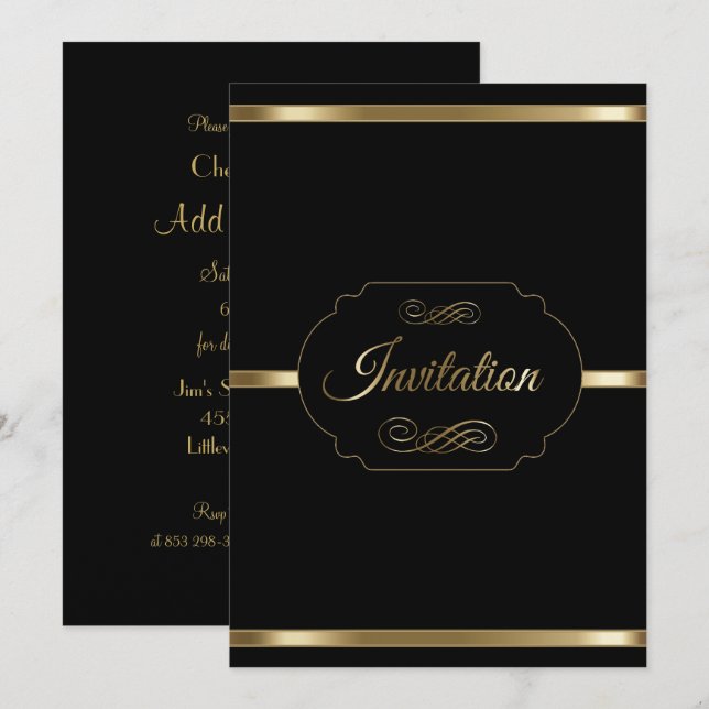 Convites Modelo de Festa Preto e Dourado Elegante (Frente/Verso)