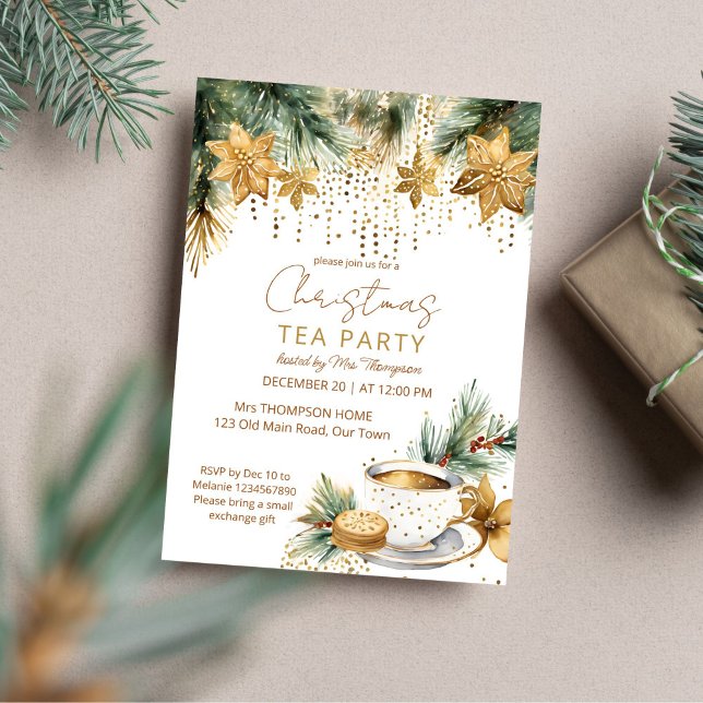 Convites Modelo de festas de chá de brunch de Natal Boho (Boho Christmas Christmas brunch tea party template invitation digital download gold poinsettia cup)