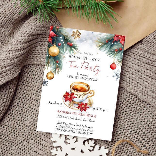 Convites Modelo de festas de chá de panela de inverno de Na (Christmas winter bridal shower tea party editable template invitation digital download watercolor)