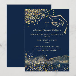 Convites Modelo de Formatura e Confirmação Azul e Dourado