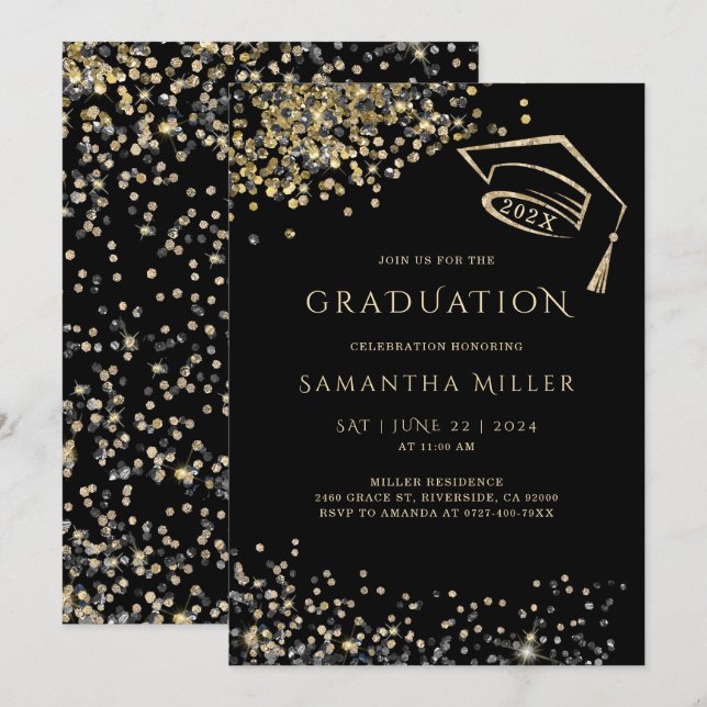 Convites Modelo de Formatura Preto e Dourado (Frente/Verso)