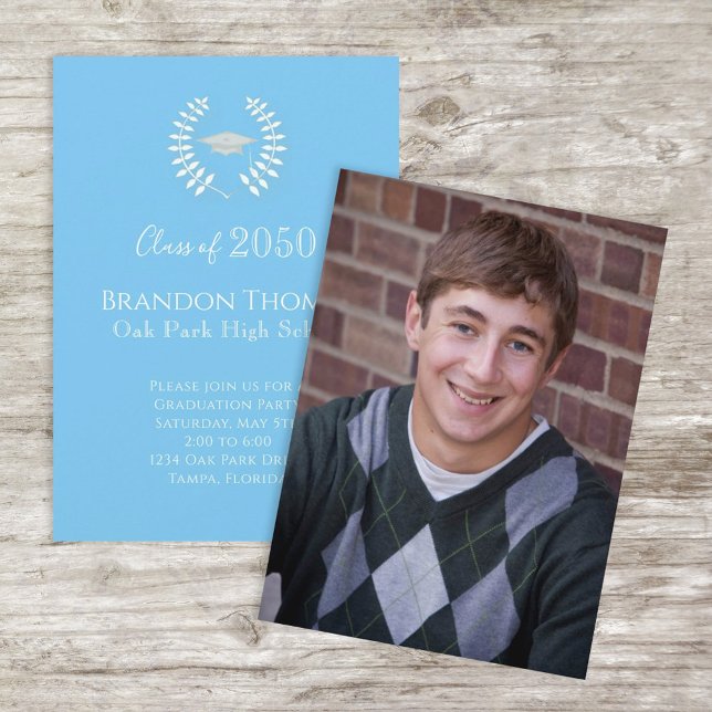 Convites Modelo de Foto Azul Carolina do formando Simples (Criador carregado)