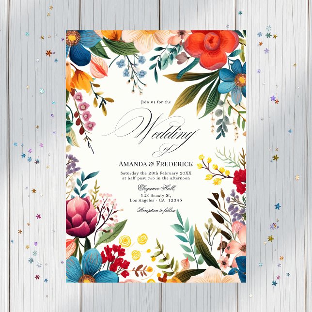 Convites Modelo de Foto de Casamento de Fiesta Floral de Wa (Watercolor Floral Fiesta Wedding Photo Invitation)