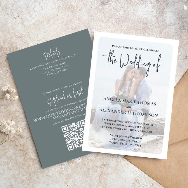 Convites Modelo de Foto de Casamento em Cinza Elegante   (Elegant photo Wedding invitation with QR Code and simple grey.)