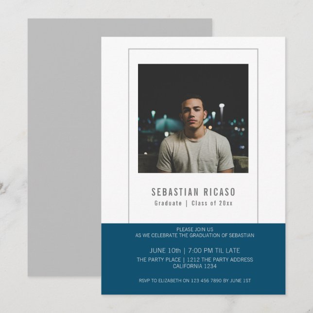 Convites Modelo de Foto de Graduado Personalizado Azul Bran (Frente/Verso)