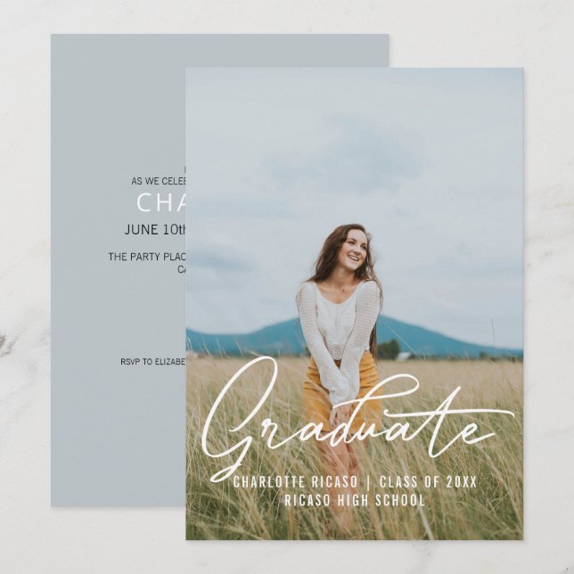 Convites Modelo de Foto de Graduado Personalizado Azul Clar (Frente/Verso)