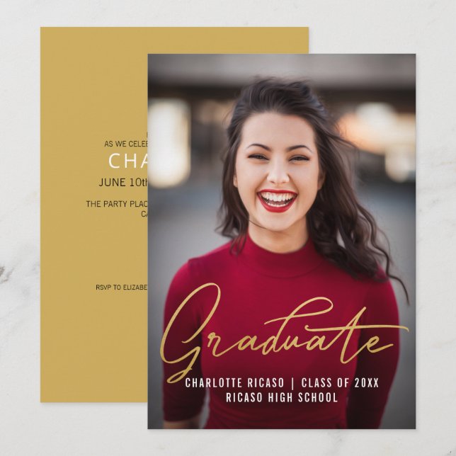 Convites Modelo de Foto de Graduado Personalizado Dourado (Frente/Verso)