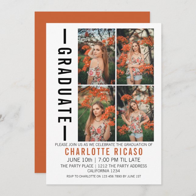 Convites Modelo de Foto Moderna de Graduação Personalizado (Frente/Verso)