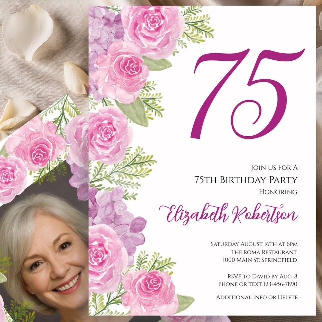 Convites Modelo de Foto Personalizado com Rosas Rosa para 7 (Criador carregado)