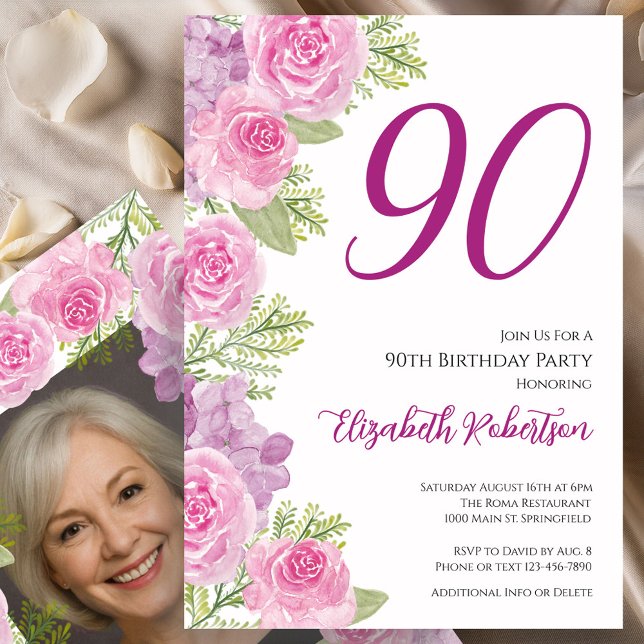 Convites Modelo de Foto Personalizado de Rosas Rosa para 90 (Criador carregado)