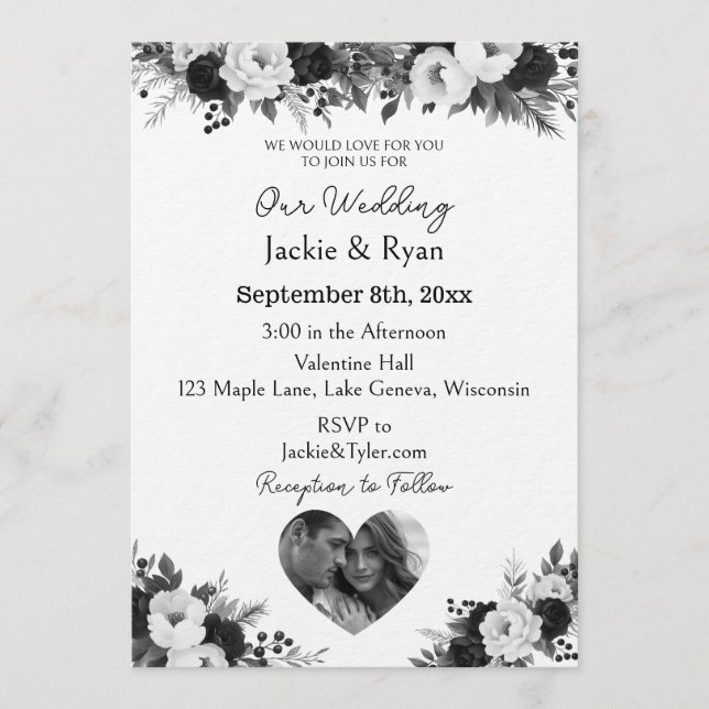 Convites Modelo de Foto Preto e Branco Casamento Botânico  (Frente)
