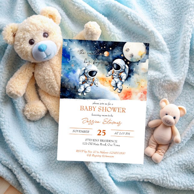 Convites Modelo de gêmeos astronautas do espaço externo (Outer space astronaut twins baby shower invitation editable template cute baby astronauts in space)