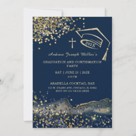 Convites Modelo de Graduação e Confirmação Azul e Dourada