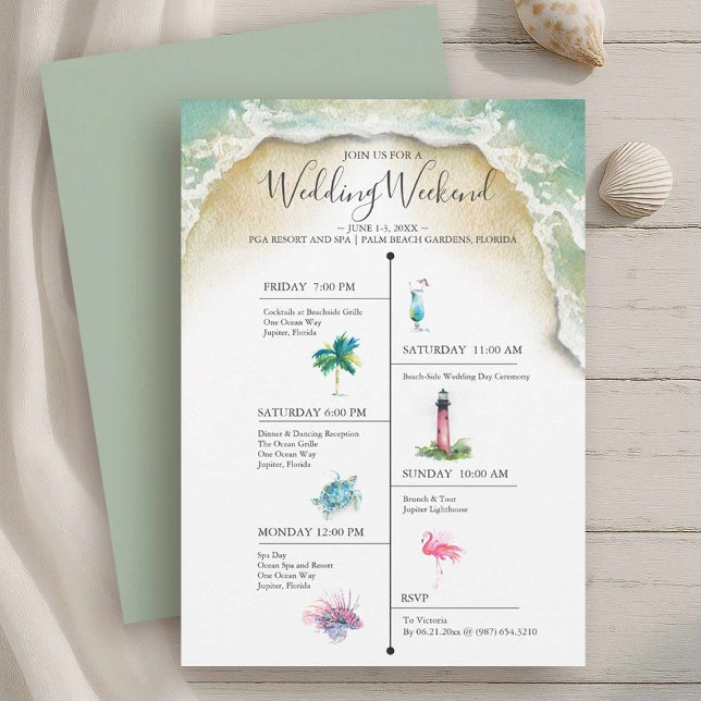 Convites Modelo de Itinerário de Casamento de Destino Farol (Beach wedding weekend itinerary watercolor illustration art by Victoria Grigaliunas )